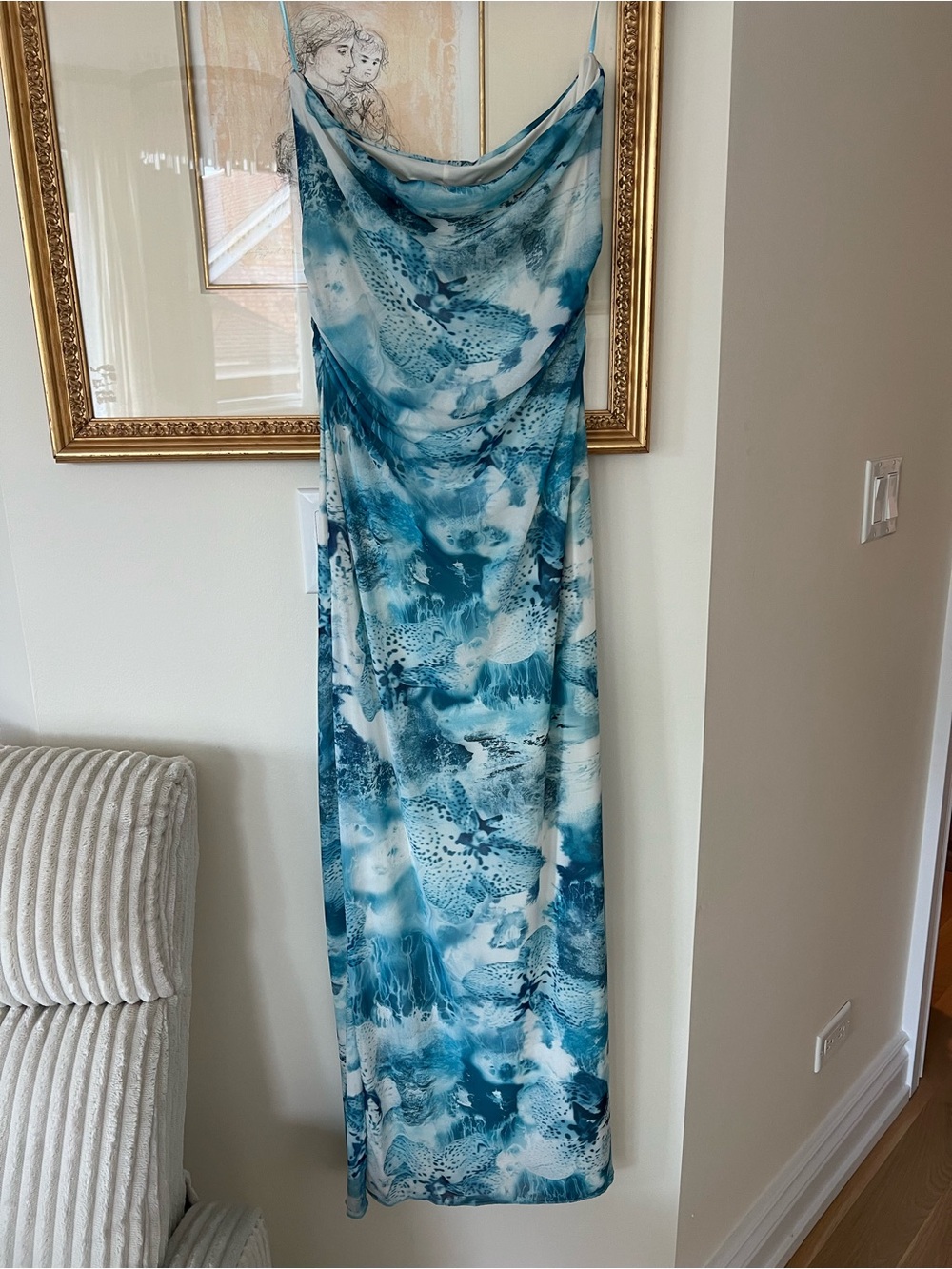 Bershka Teal & White Wave-Print Cowl Neck Slip Dress